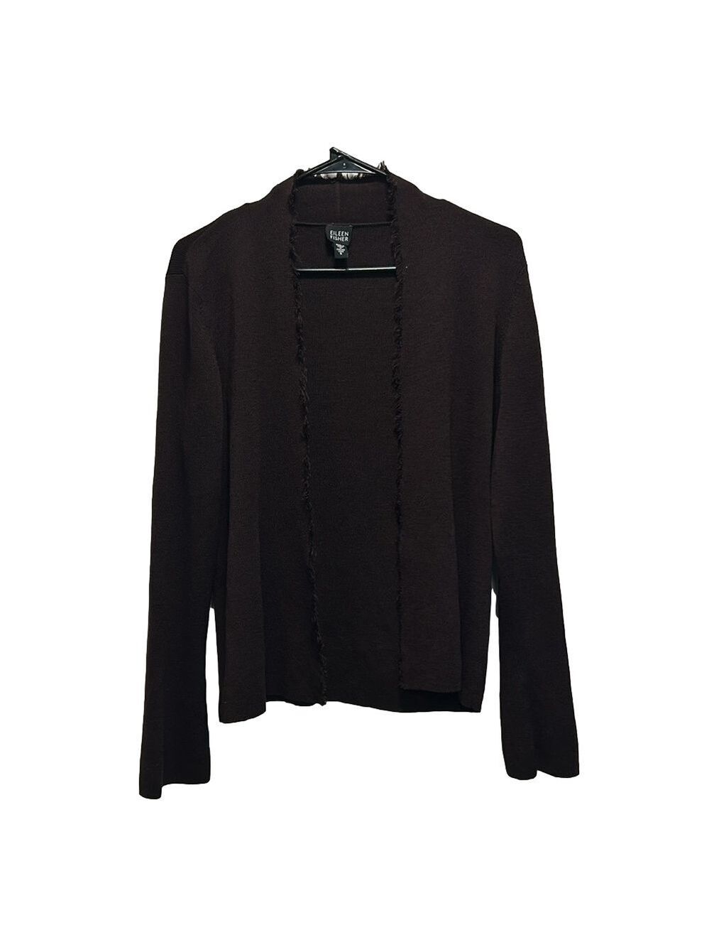 Eileen Fisher 100% Wool Brown Long Sleeve Fringe Open Front Cardigan Size Small